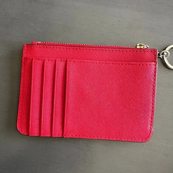 Kate Spade Bright Red Saffiano Leather Zip Top Card Holder Keychain Wallet - Picture 8 of 8